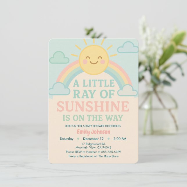 Kawaii Sun Ray of Sunshine Pastel Baby Shower Invitation (Standing Front)