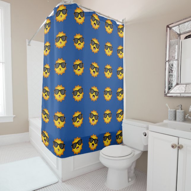 Kawaii Sun with Sunglasses Happy Emoji Faces Shower Curtain (In Situ)