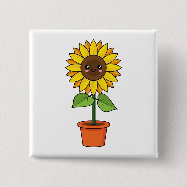 Kawaii Sunflower Plant in a Pot 15 Cm Square Badge (Front)