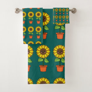 Kawaii Sunflower Plant in a Pot Bath Towel Set