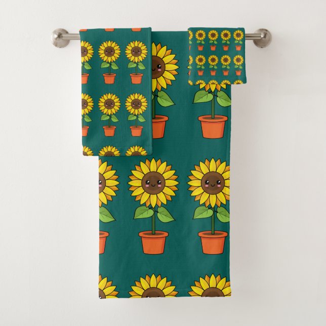 Kawaii Sunflower Plant in a Pot Bath Towel Set (Insitu)