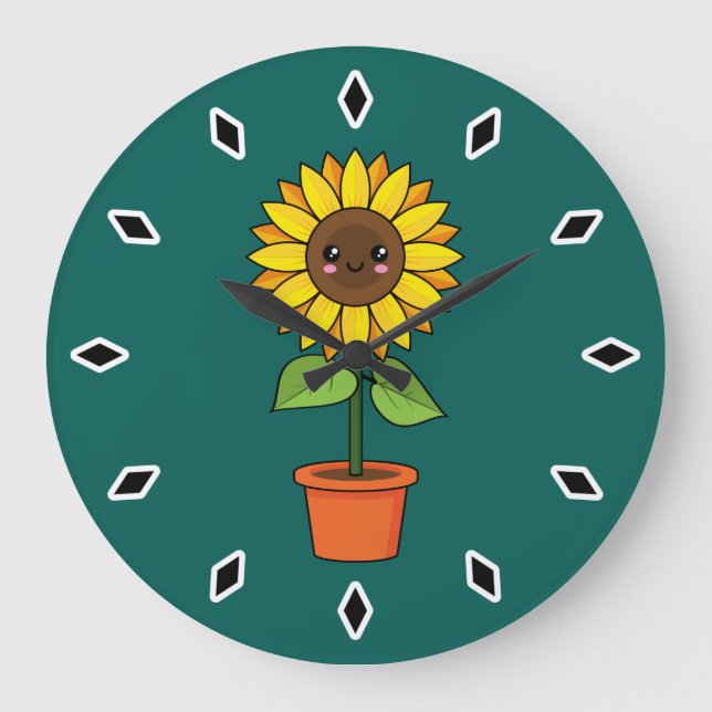 Kawaii Sunflower Plant in a Pot Large Clock (Front)