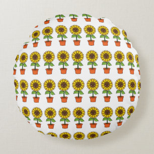 Kawaii Sunflower Plant in a Pot Round Cushion