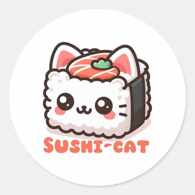 Kawaii Sushi-Cat Pun Classic Round Sticker (Front)