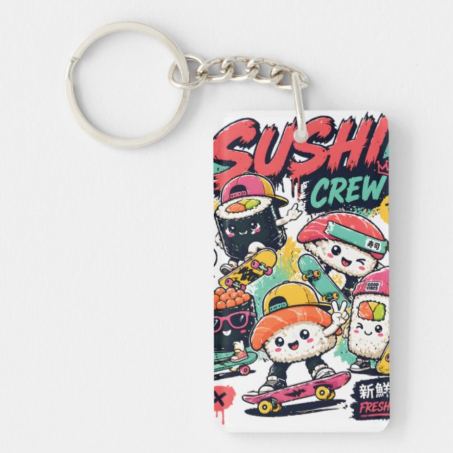 Kawaii Sushi Crew Skateboard Acrylic Keychain (Front)