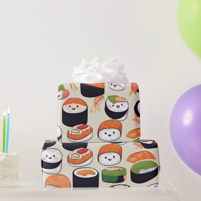kawaii sushi rolls, sushi pattern wrapping paper (Party Gifts)