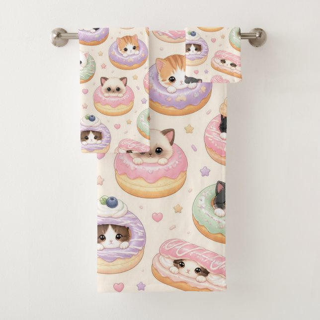 Kawaii Sweet Doughnut Kittens Pastry Pattern Bath Towel Set (Insitu)