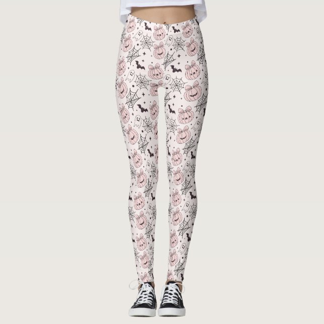 Kawaii Sweet Pink Spooky Halloween Pattern Leggings (Front)