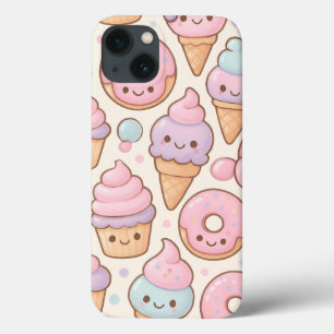 Kawaii Sweet Treats Pattern – Smiling Cupcakes iPhone 13 Case