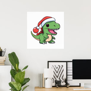 Kawaii T-Rex Dinosaur in Christmas Hat Poster