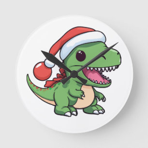 Kawaii T-Rex Dinosaur in Christmas Hat Round Clock