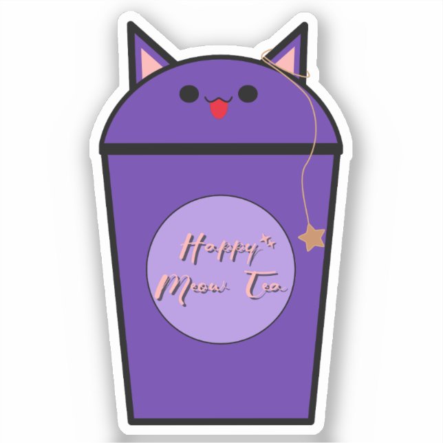 Kawaii Taro Meow Tea Vinyl Sticker (Front)