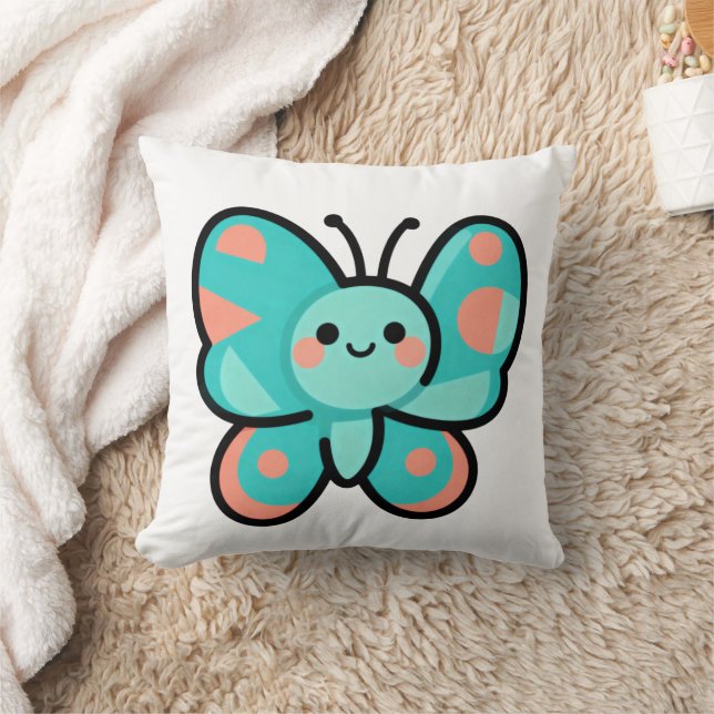 Kawaii Teal Butterfly Happy Face Cartoon Art Cushion (Blanket)