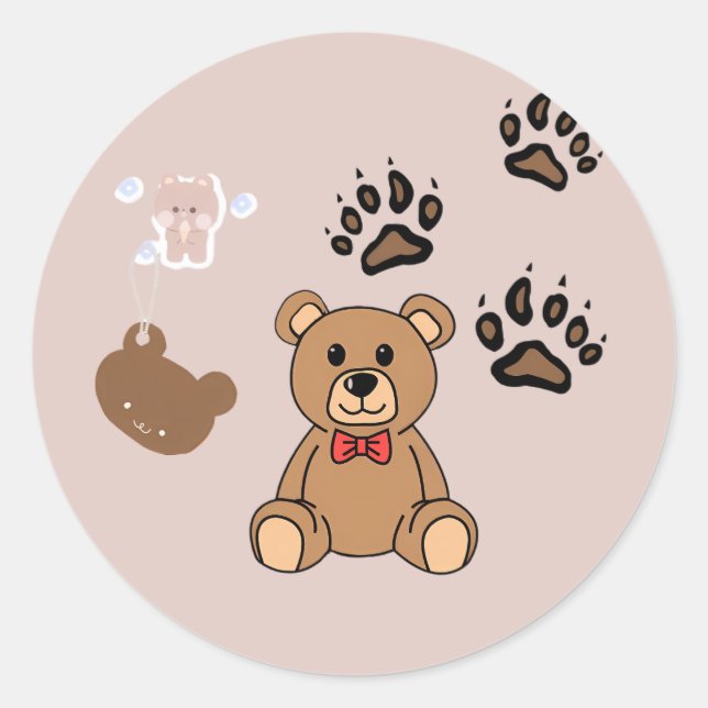 Kawaii Teddy Bear Illustration Classic Round Sticker (Front)