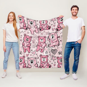 Kawaii Teddy Bear Pink Pattern Fleece Blanket