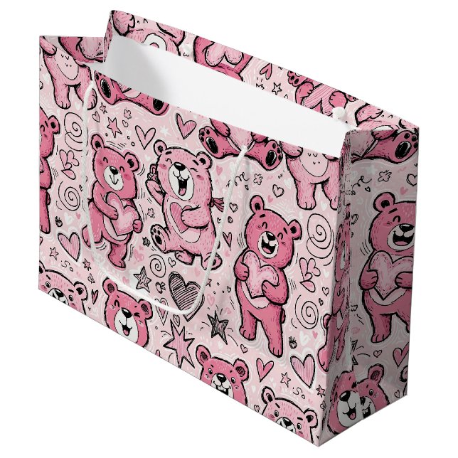 Kawaii Teddy Bear Pink Pattern Large Gift Bag (Front Angled)