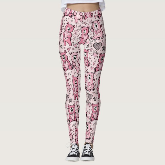 Kawaii Teddy Bear Pink Pattern Leggings (Front)
