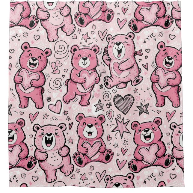 Kawaii Teddy Bear Pink Pattern Shower Curtain (Front)