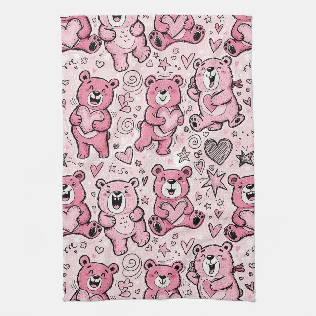 Kawaii Teddy Bear Pink Pattern Tea Towel (Vertical)