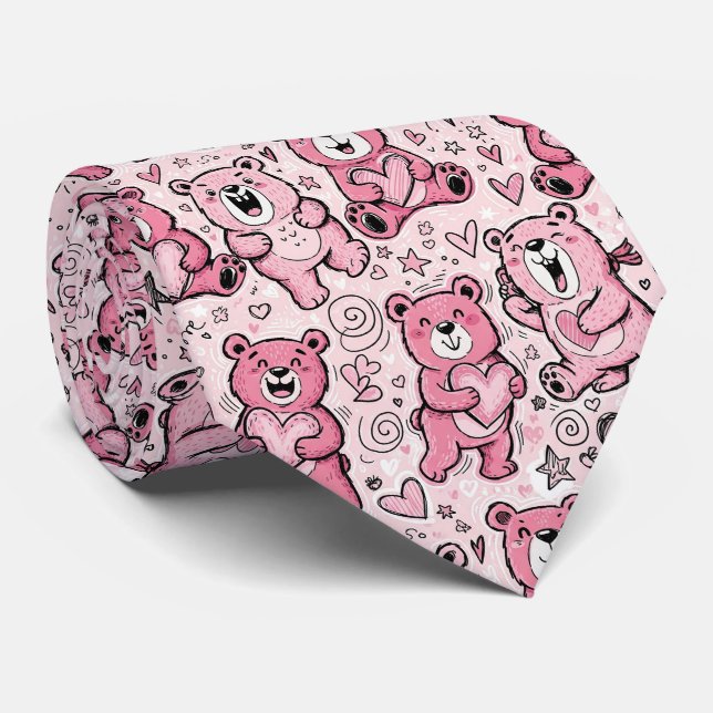 Kawaii Teddy Bear Pink Pattern Tie (Rolled)