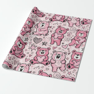 Kawaii Teddy Bear Pink Pattern Wrapping Paper