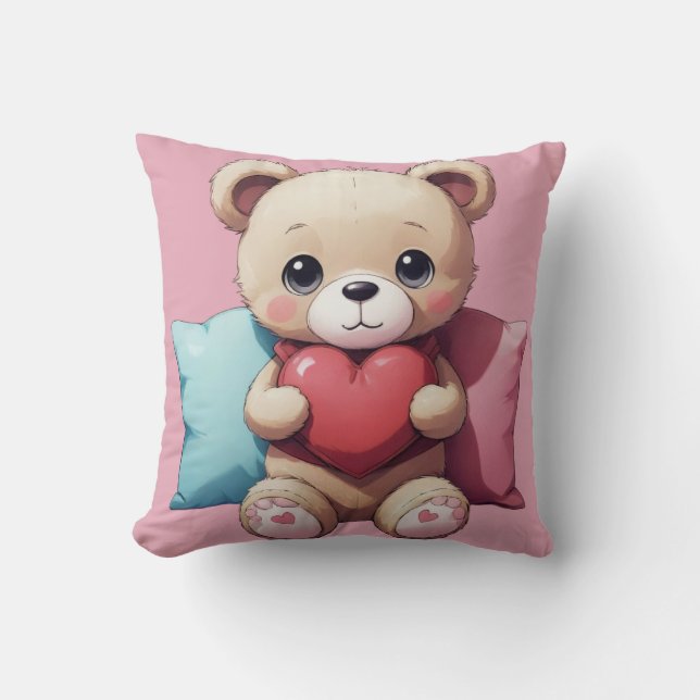 Kawaii Teddy Bear Throw Pillow (Front)