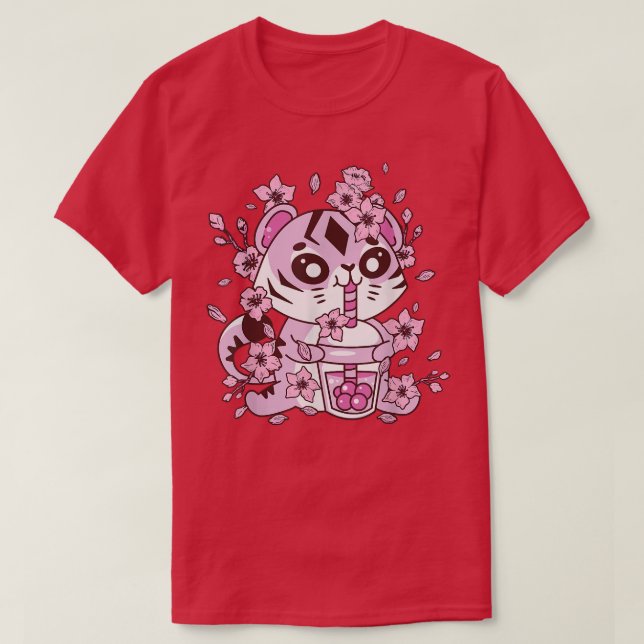 Kawaii Tiger with Bubble Tea and Boba tea and Saku T-Shirt (Design Front)