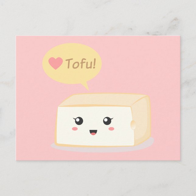 Kawaii tofu asking people to love tofu postcard (Front)