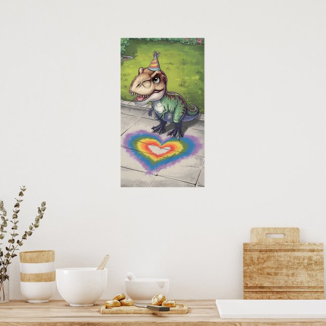 Kawaii trex rainbow hear on sidewalk poster (Kitchen)