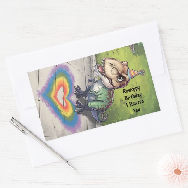 Kawaii trex rainbow hear on sidewalk rectangular sticker (Envelope)