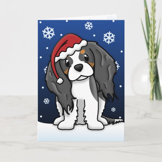 Kawaii Tricolor Cavalier Spaniel Christmas Card (Front)
