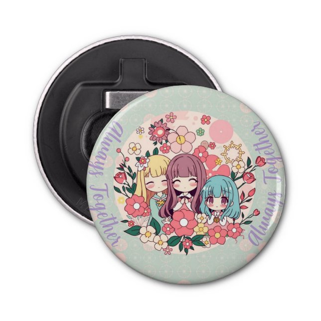 Kawaii Trio – Cute Anime Girls & Floral Vibes Bottle Opener (Front)
