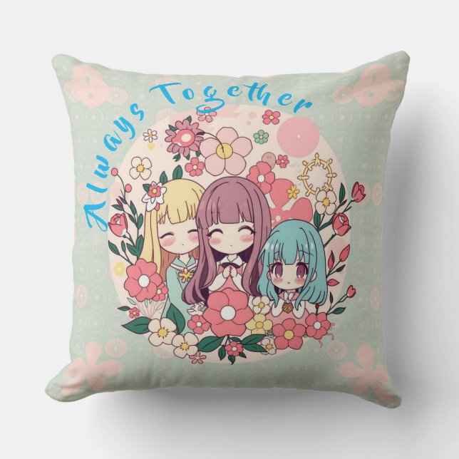 Kawaii Trio – Cute Anime Girls & Floral Vibes Cushion (Front)