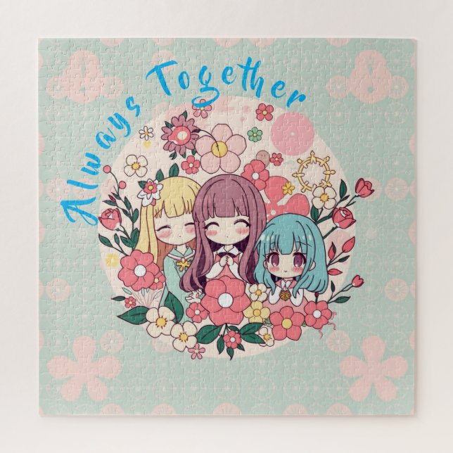 Kawaii Trio – Cute Anime Girls & Floral Vibes Jigsaw Puzzle (Vertical)