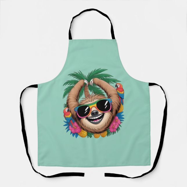 Kawaii Tropical Sloth – Cute Summer Vibes Rainbow  Apron (Front)