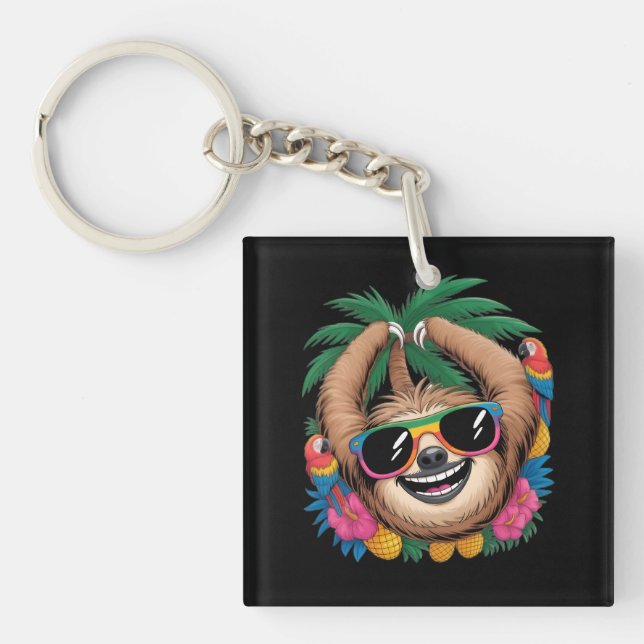 Kawaii Tropical Sloth – Cute Summer Vibes Rainbow  Key Ring (Front)