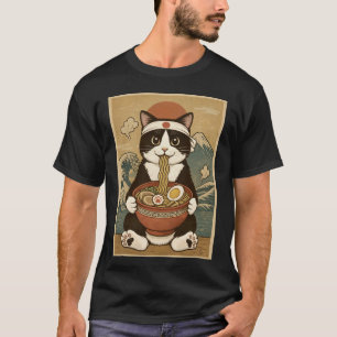 Kawaii Tuxedo Cat Japanese Ramen Noodles Long Slee T-Shirt