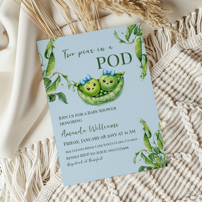 Kawaii Two Peas in Pod Blue Boy Twins Baby Shower Invitation (Creator Uploaded)