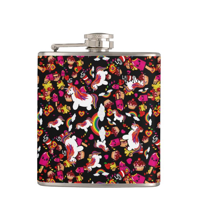 Kawaii Unicorn Cupcake Doodles Personalised Hip Flask (Front)