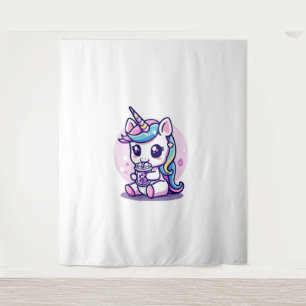Kawaii Unicorn eating Ramen Noodle Soup Cute Graph Tapestry