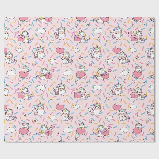 Kawaii Unicorn & Hearts Pattern on Pink Wrapping Paper (Flat)