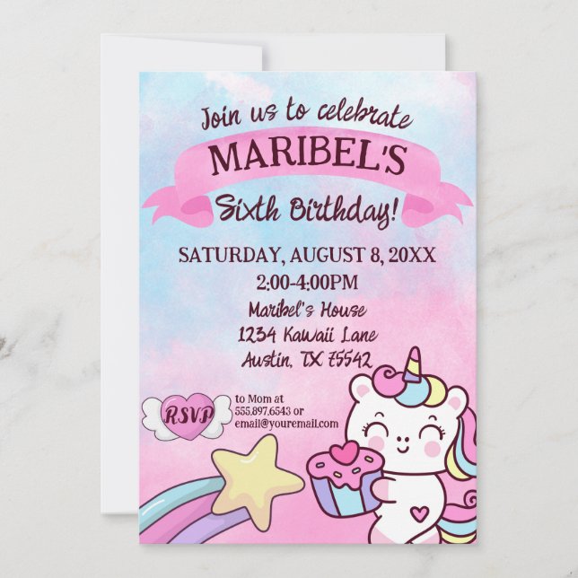 Kawaii Unicorn Rainbow Pink Blue Birthday Invitation (Front)