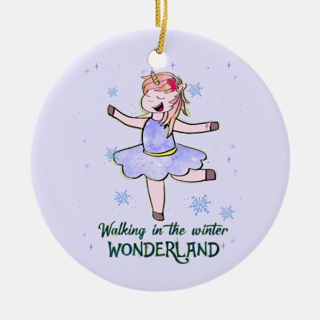 Kawaii Unicorn | Walking during Winter Ceramic Tree Decoration (Front)
