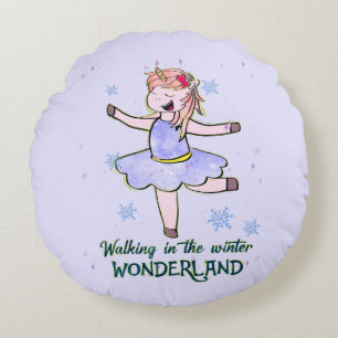 Kawaii Unicorn   Walking during Winter Round Cushion
