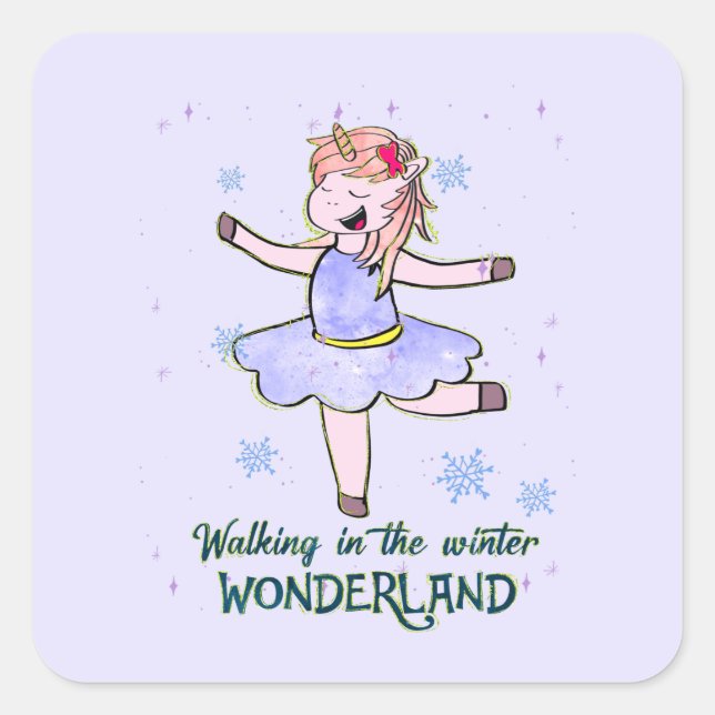 Kawaii Unicorn | Walking during Winter Square Sticker (Front)