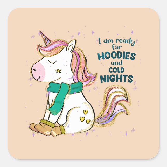 Kawaii Unicorn | Winter and Hoodies Square Sticker (Front)