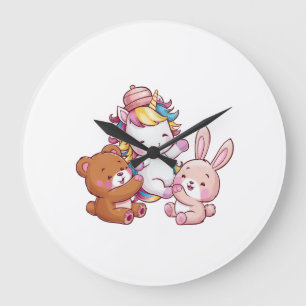 Kawaii unicorn with bunny and teddy bear Long Slee Large Clock