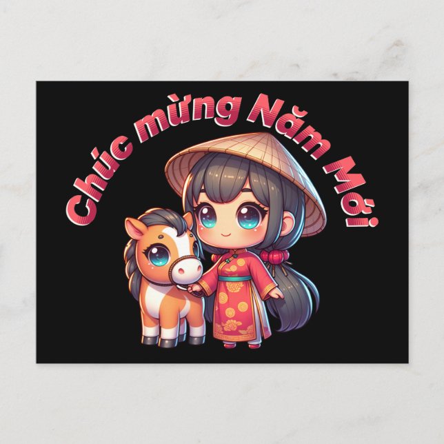 Kawaii Vietnamese New Year Girl & Horse Postcard (Front)