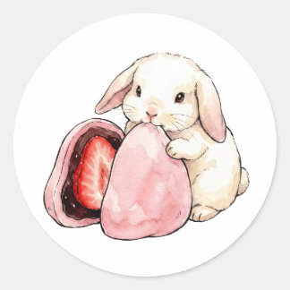 Kawaii Watercolor Bunny Eating Strawberry Mochi Classic Round Sticker