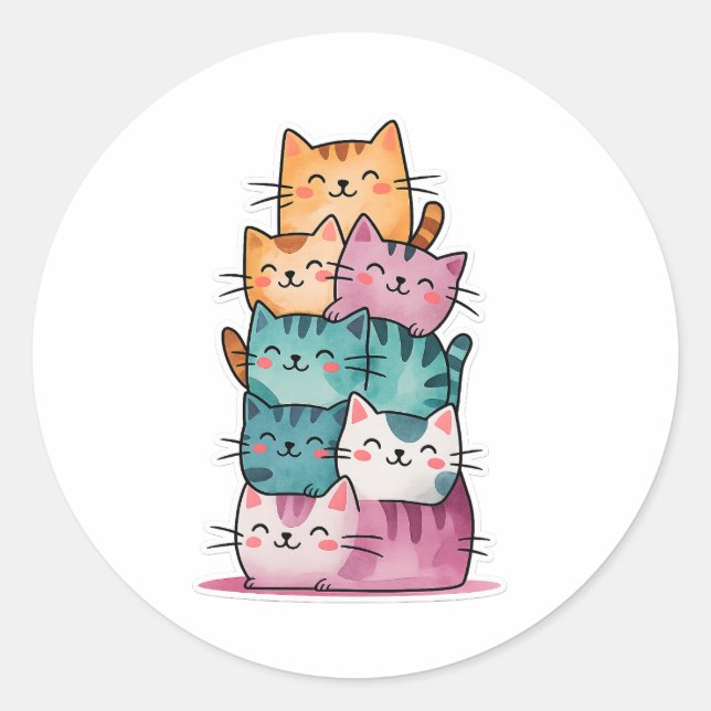 Kawaii Watercolor Cat Stack Cute Sticker (Front)